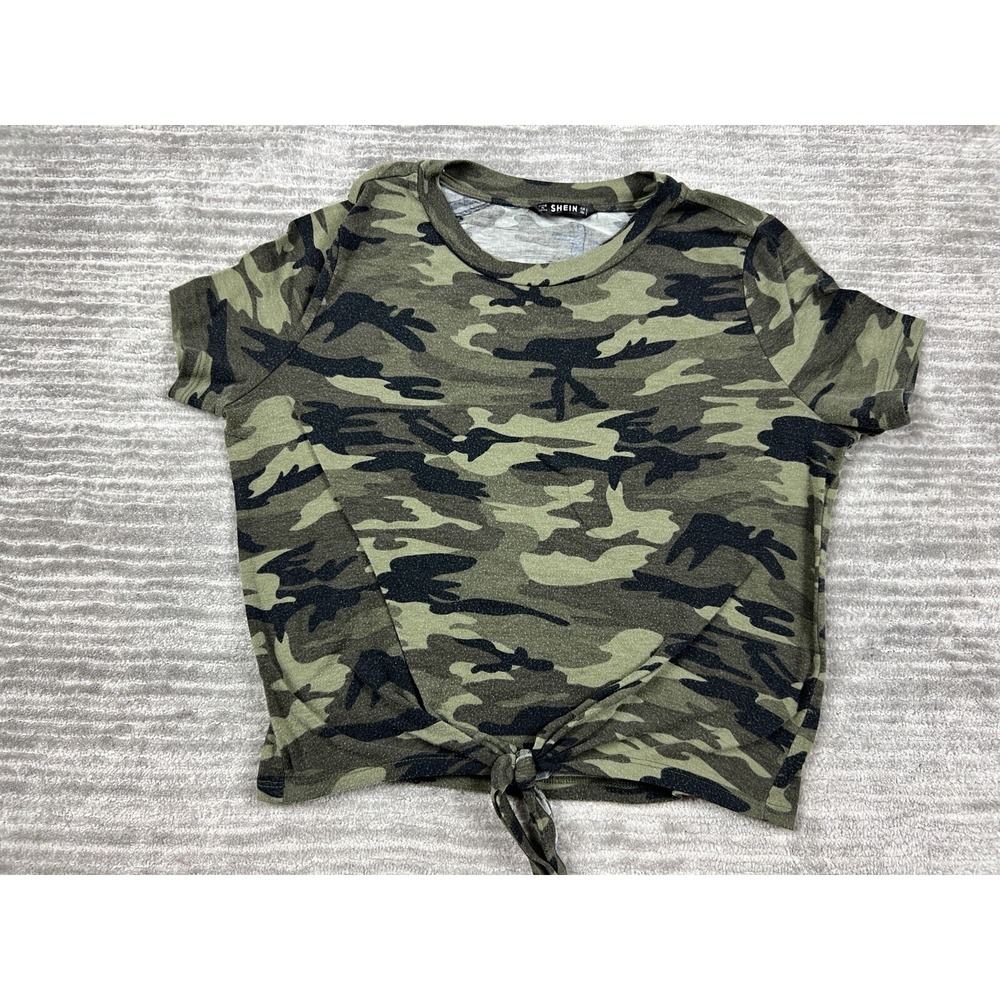 SHEIN Top Womens S Green Camouflage Front Tie Knot Short Sleeve JIT5510838